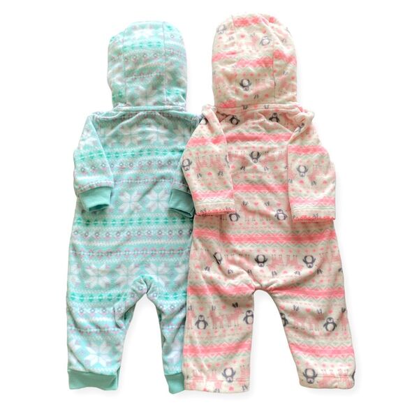 CARTER'S Baby Girl 3 Months Fleece Hooded Jumpsuit Bodysuit Lot of 2 Winter Warm - Picture 2 of 4